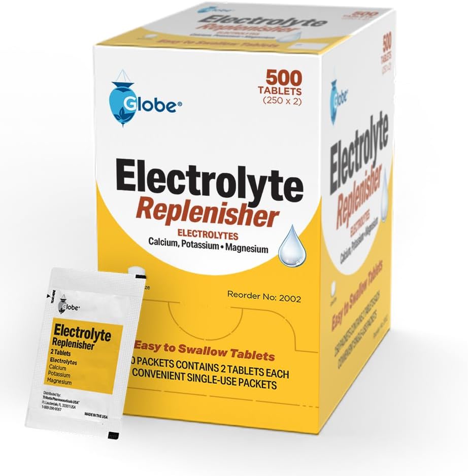 Globe Electrolyte Replacement Tablets For Rehydration (500 Tablets), Exercise Recovery, Youth & Adult Athletes, Hiking, Camping, & Sports Recovery And More... 250 Packets Of 2 Tablets Each