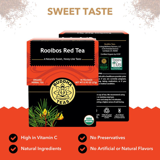 Buddha Teas - Rooibos Red Tea - Organic Herbal Tea - For Digestive Health - Rejuvenate & Support - Caffeine Free - 100% Kosher & Non-Gmo - 18 Tea Bags (Pack Of 1)