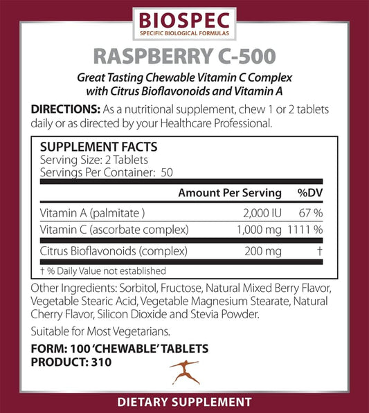 Raspberry C-500 – Chewable Immune And Antioxidant Support - Vitamin C, Vitamin A, And Citrus Bioflavonoids