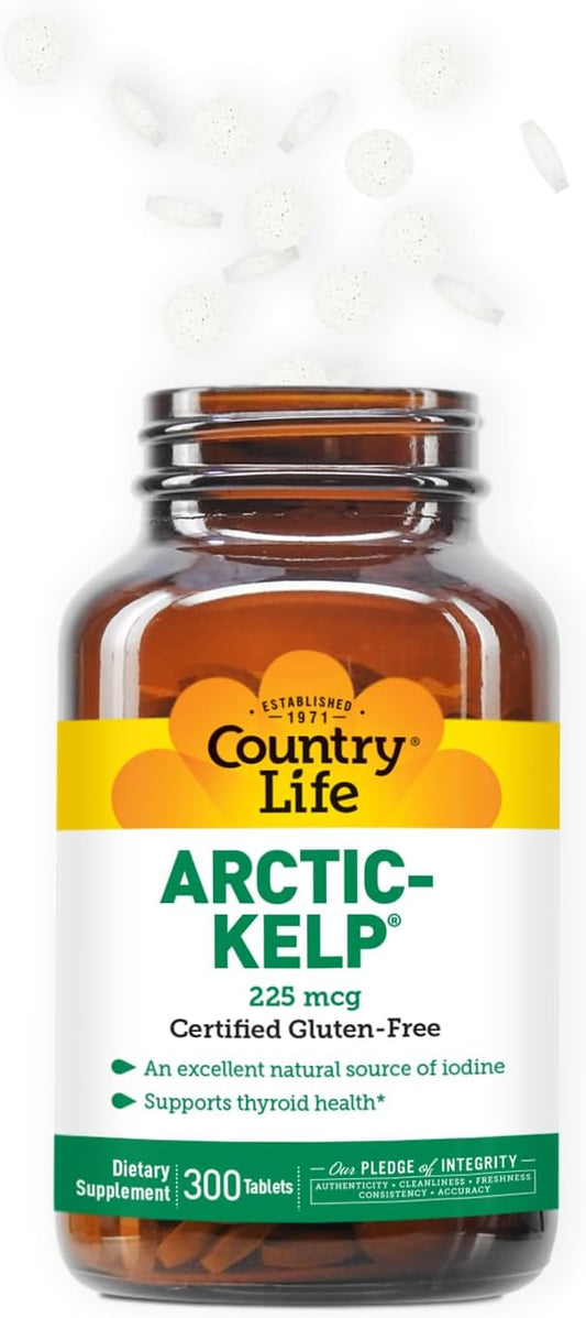 Country Life Arctic Kelp, Iodine Supplement for Thyroid Health Support, 300 Tablets, Certified Gluten Free, Certified Vegan