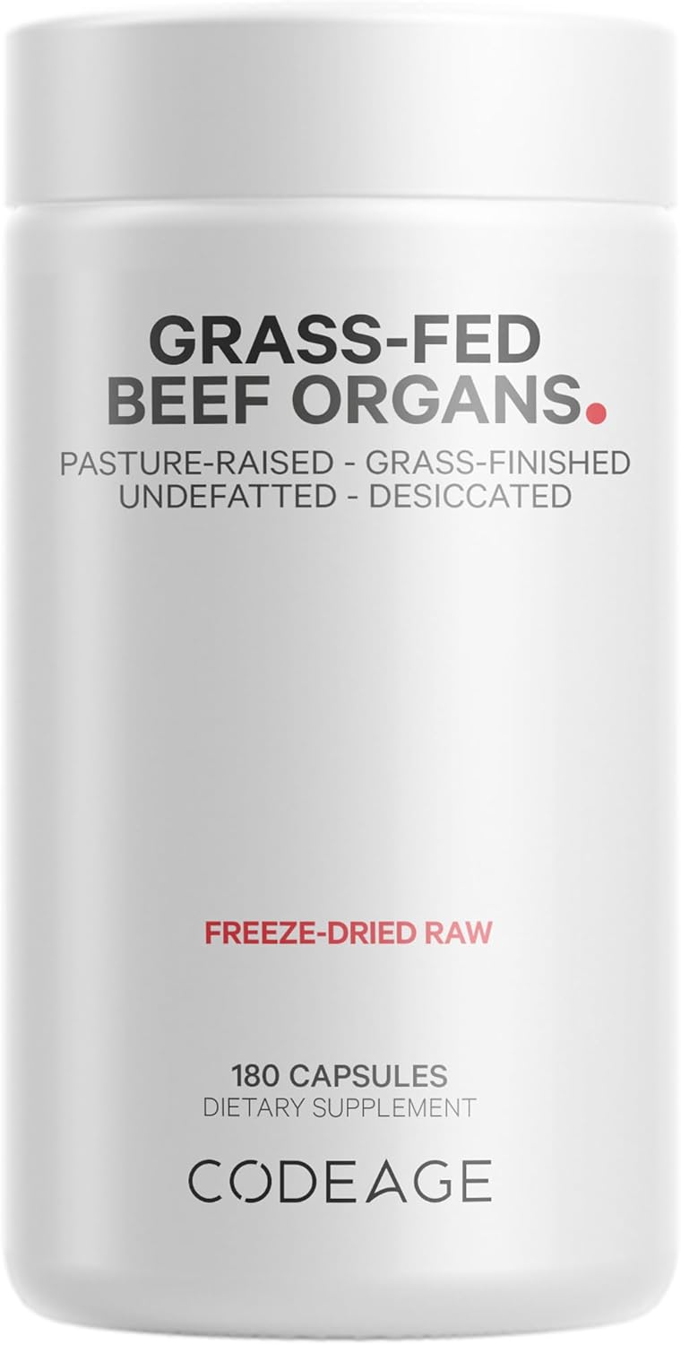 Codeage Grass Fed Beef Organs Supplement – Glandulars Supplements - Freeze Dried, Non-Defatted, Desiccated Liver, Heart, Kidney, Pancreas & Spleen Bovine Pills – Beef Vitamins - Non-Gmo -180 Capsules