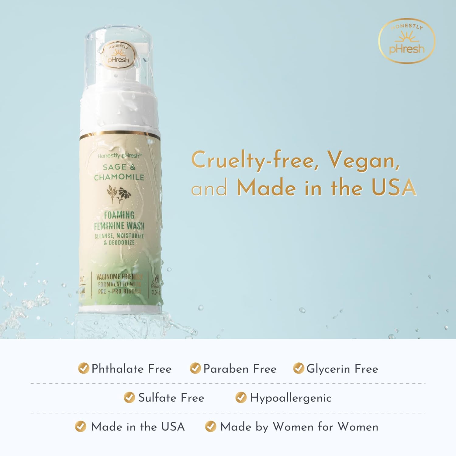 Honestly Phresh Foaming Feminine Wash For Women – Ph Balanced Natural Intimate Cleanser With Prebiotics & Probiotics. Vegan, Sensitive Skin Safe. Made In Usa - Sage & Chamomile Scent, 5 Oz : Health & Household