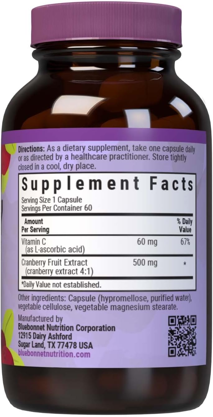 Bluebonnet Nutrition Cranberry Fruit Extract, Urinary Tract Support*, Non-Gmo, Kosher-Certified, Vegan, Gluten-Free, Soy-Free, Dairy-Free, 60 Vegetable Capsules, 60 Servings : Health & Household