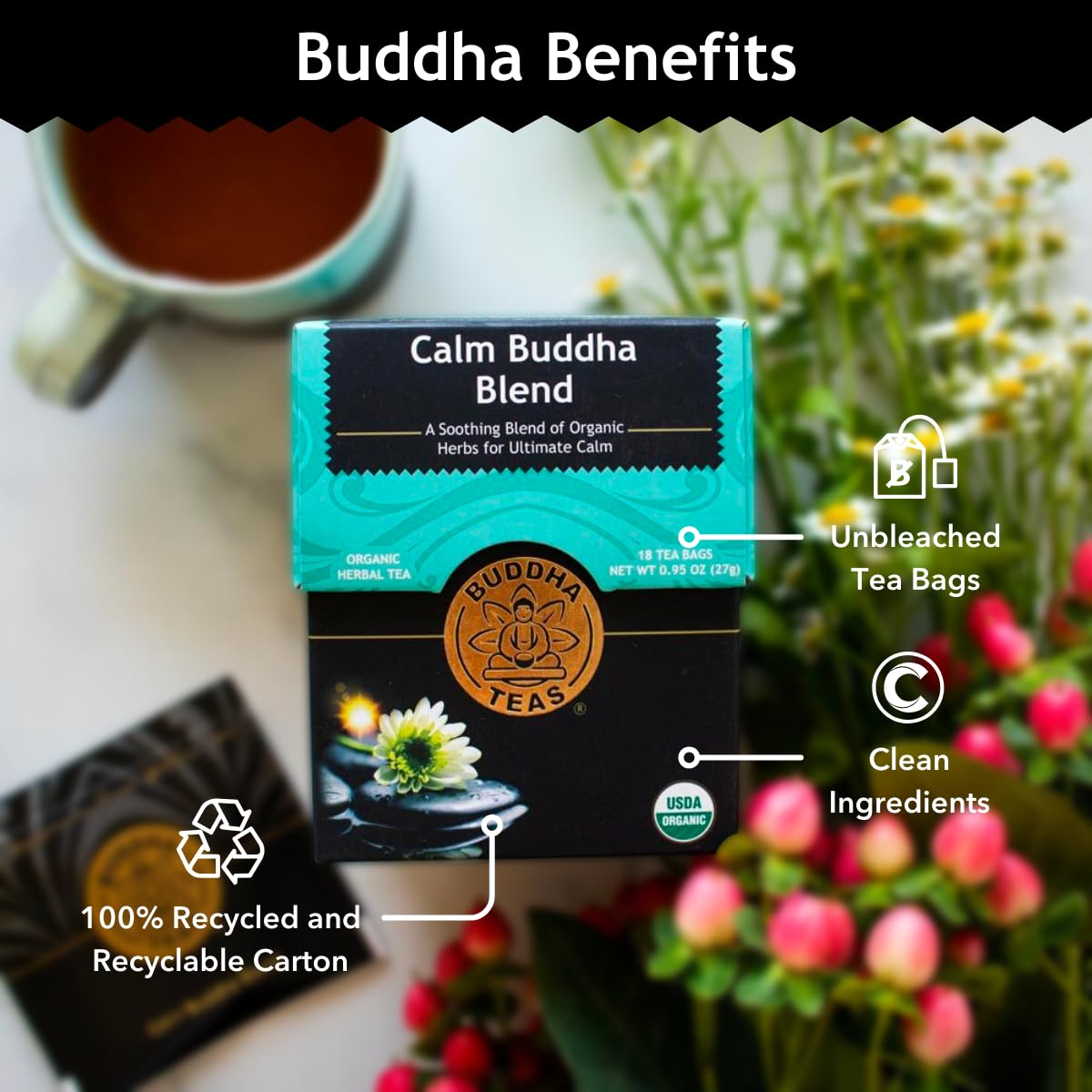 Buddha Teas - Calm Buddha Blend - Organic Herbal Tea - For Health & Wellbeing - Blend Of Organic Herbs - Clean Ingredients - Caffeine Free - Ou Kosher & Organic - Non-Gmo - 18 Bleach-Free Tea Bags