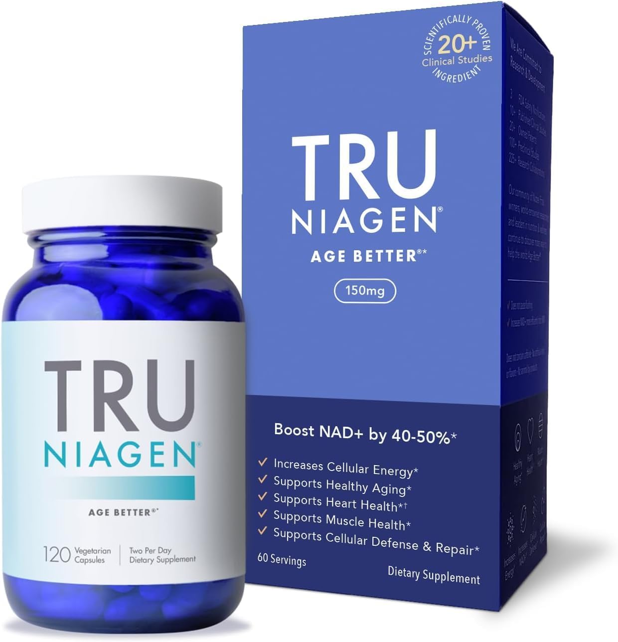 Tru Niagen Patented Nad+ Supplement For Anti Aging And Cell Regeneration, Niagen, 60 300 Mg Servings | Supports Cellular Energy, Brain, Muscle | Nicotinamide Riboside (Nr) Take 2 Daily | 1 Bottle