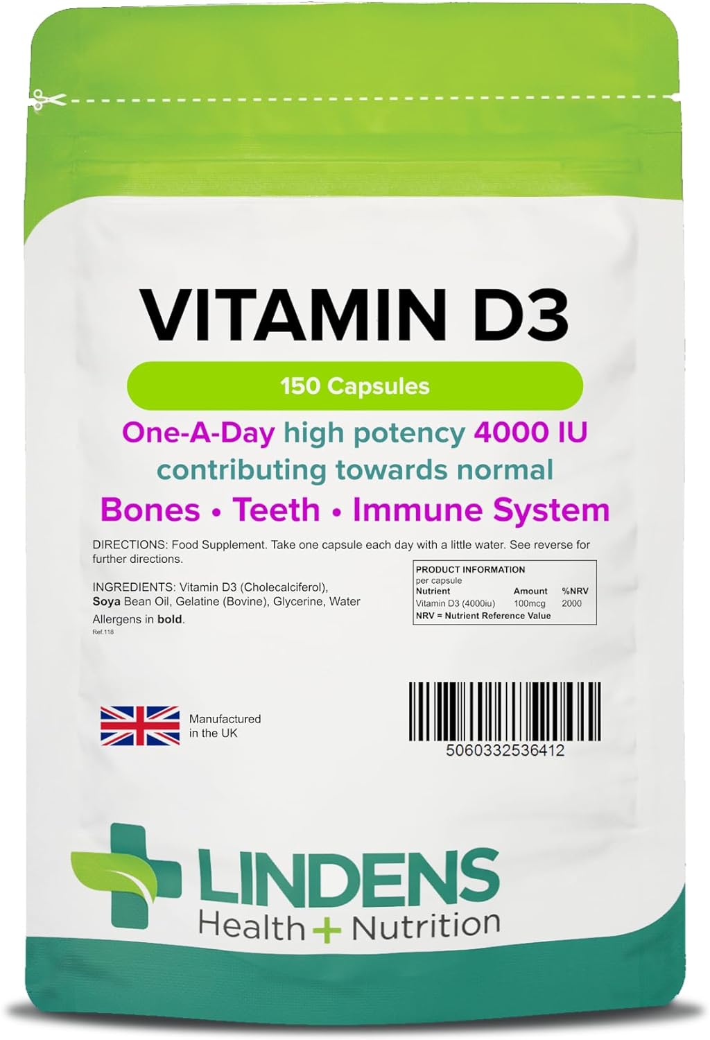 Lindens Vitamin D3 4000IU - 150 High Strength Capsules - Supports Healthy Immune System & Calcium Absorption - One-A-Day Capsule - 5 Month Supply - UK Manufacturer & Letterbox Friendly