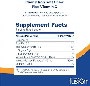 Bariatric Fusion Iron Soft Chew With Vitamin C | Cherry Flavored | Chewy Vitamin For Bariatric Patients | Gluten Free | Iron Supplement For Women And Men | 60 Count | 2 Month Supply