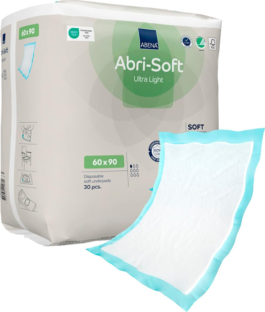 ABENA Abri-Soft Ultra Light Disposable Incontinence Bed Pads, Eco-Friendly Incontinence Underpads, Leak Protection, Soft & Secure Bed Protectors For Incontinence - 60x90cm, 800ml, 30PK