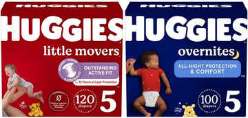 Huggies Little Movers + Overnites Bundle: Huggies Little Movers Baby Diapers, Size 5 (27+ Lbs), 120Ct (2 Packs Of 60) & Huggies Overnites Overnight Diapers, Size 5 (27+ Lbs), 100Ct (2 Packs Of 50)