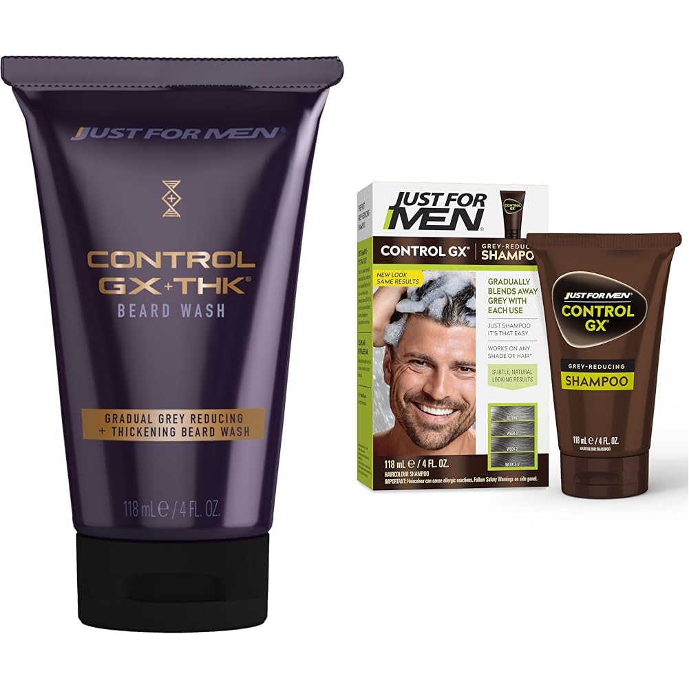 Just for Men Control GX + THK Grey Reducing and Thickening Beard Wash, 4 oz (Pack of 1) + Just For Men Control GX Grey Reducing Shampoo, 4 Fl Oz (Pack of 1) : Beauty & Personal Care