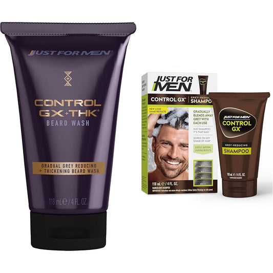 Just for Men Control GX + THK Grey Reducing and Thickening Beard Wash, 4 oz (Pack of 1) + Just For Men Control GX Grey Reducing Shampoo, 4 Fl Oz (Pack of 1) : Beauty & Personal Care