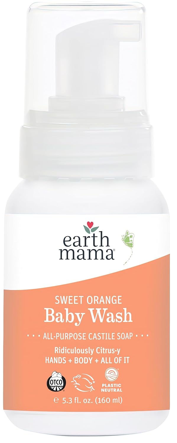 Earth Mama Sweet Orange Baby Liquid Wash Foaming Hand Soap, Organic All Purpose Body Wash For Sensitive Skin, Castile Soap With Coconut Oil, Shea Butter, Calendula, & Aloe, 5.3 Fl Oz