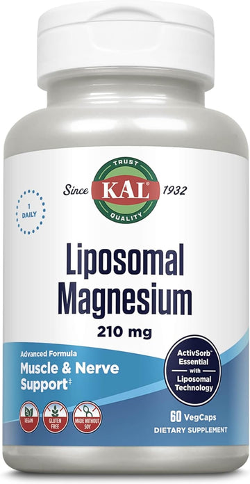 Kal Liposomal Magnesium Oxide 210 Mg High Absorption, Liposomal Technology, Essentials Muscle Support, Advanced Formula, Vegan Capsules, Gluten Free, No Soy, 60 Servings