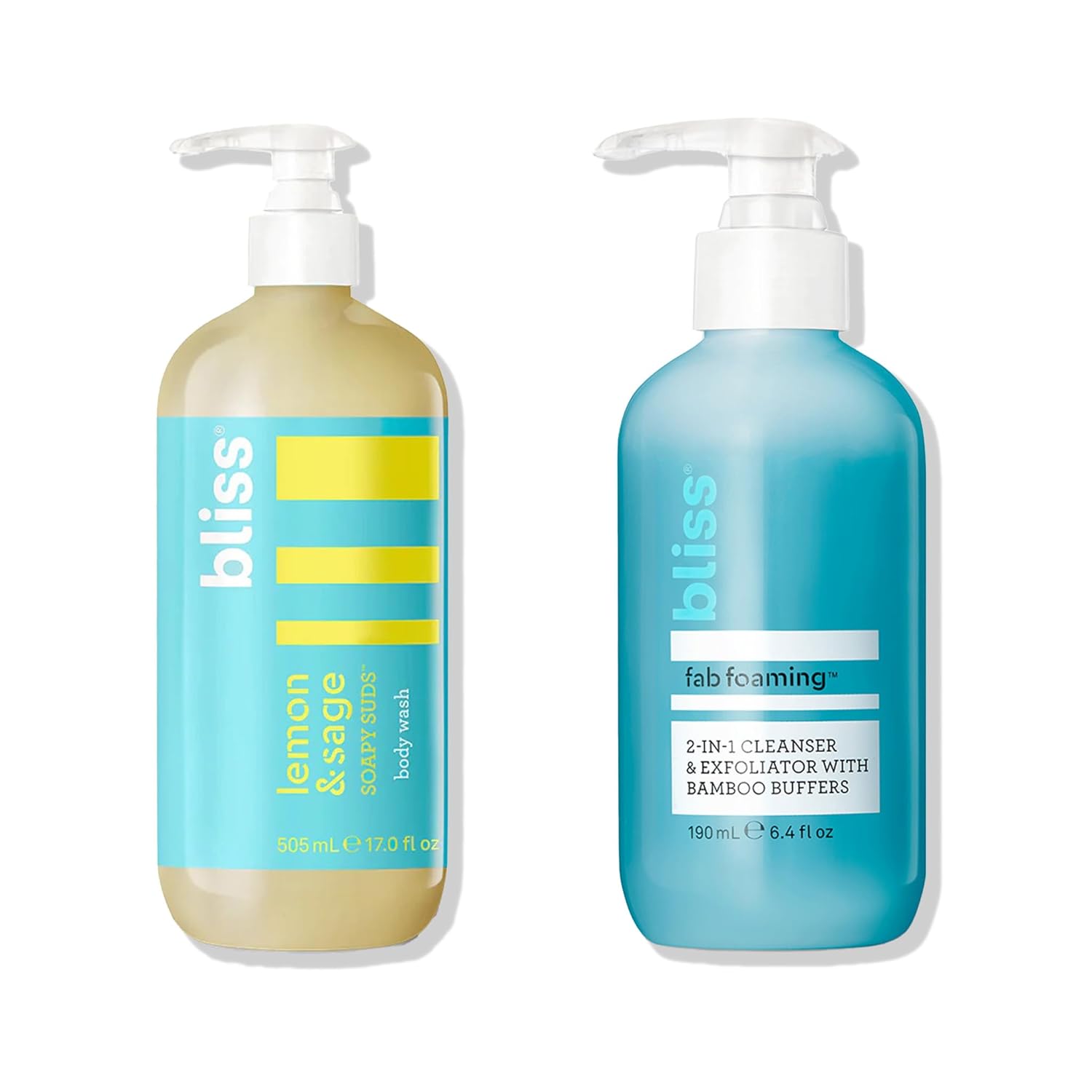 Bliss Beauty Duo Kit: Fab Foaming Cleanser & Exfoliator + Soapy Suds Body Wash - Refreshing Skincare Set For Face And Body - Vegan, Cruelty-Free, And Paraben-Free - 6.4 Fl Oz & 17 Fl Oz