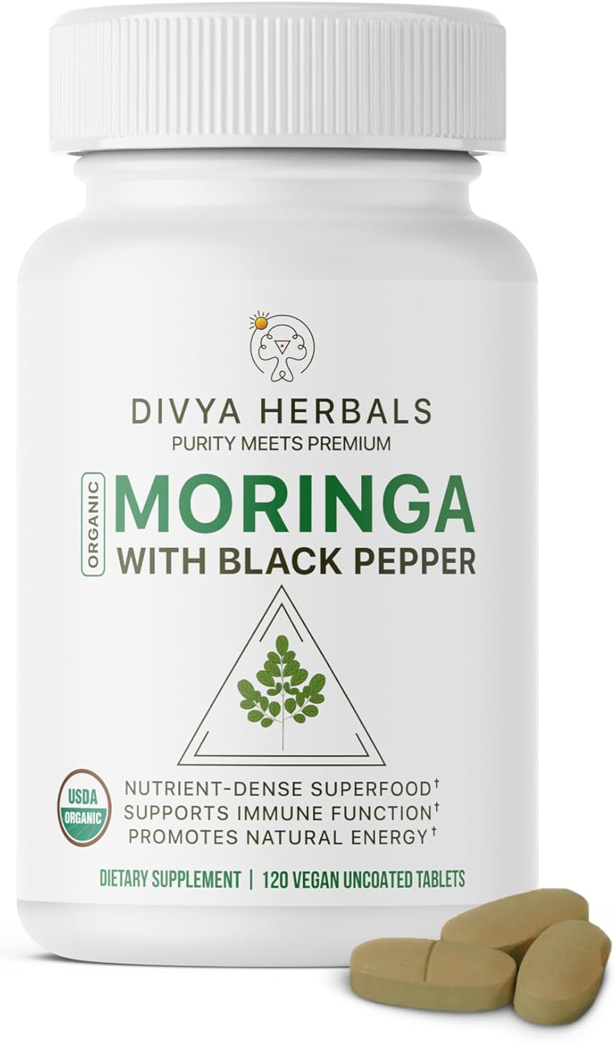 Organic Moringa With Black Pepper | 100% Pure Moringa Leaves | Supports Energy, Immunity & Digestion | 120 Uncoated Vegan Tablets