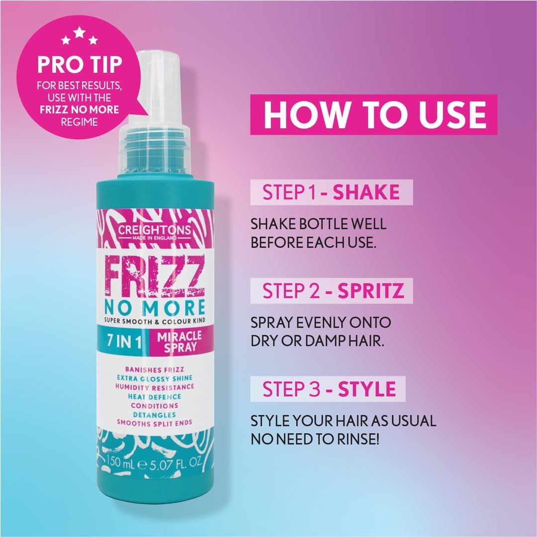 Frizz No More 7 In 1 Miracle Spray | All-In-One Hair Treatment | Frizz Control, Heat Protection, Detangling & Conditioning | For All Hair Types