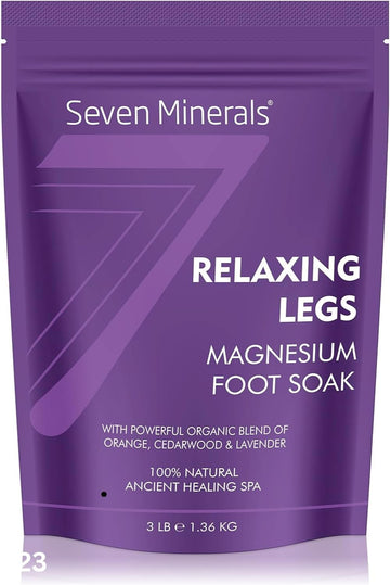 Seven Minerals Relaxing Legs Magnesium Chloride Flakes 3Lb – Absorbs Better Than Epsom Salt - Unique Foot Soak Formula For Tired Legs And Leg Cramps - With Orange, Cedarwood & Lavender