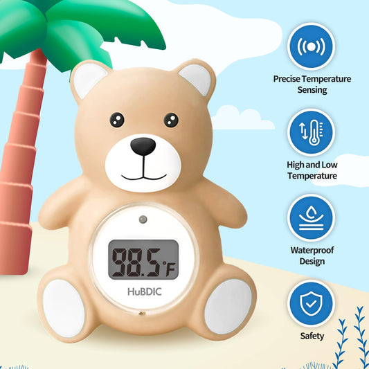 HubiBaby Baby Bath Thermometer & Digital Room Temperature, 2in1 Kids Bathroom Safety Products with Temperature Warning, Floating Teddy Bear (Khaki)