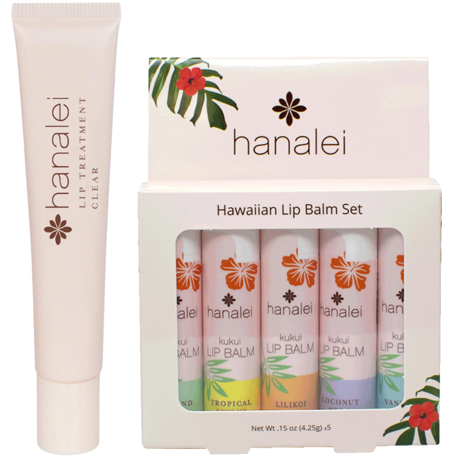 Hanalei Kukui Oil Lip Treatment 15G Clear And 5-Piece Tropical Lip Balm Set | Made With Hawaiian Botanicals | Cruelty-Free And Paraben-Free