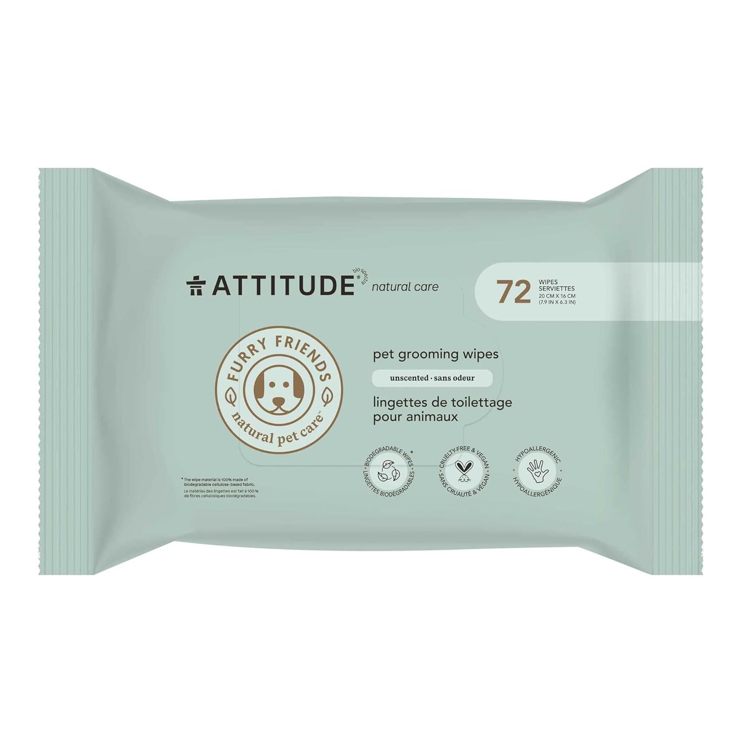 ATTITUDE Pet Grooming Wipes, Hypoallergenic Plant and Mineral-Based Ingredients, Vegan and Cruelty-Free Biodegradable Products, Unscented, 72 count