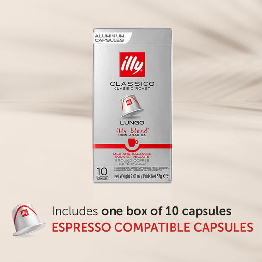 Illy Espresso Compatible Capsules - Single-Serve Coffee Capsules & Pods - Classico Lungo Roast - Notes Of Caramel, Orange Blossom & Jasmine Coffee Pods - For Nespresso Coffee Machines – 10 Count