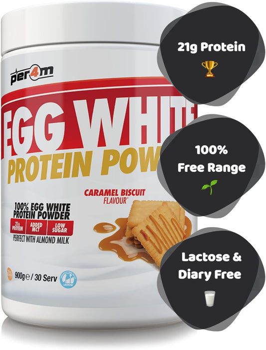 Per4M 100% Pure Free Range Egg White Protein Powder | 30 Servings High Protein Shake With Added Mct | Gut Friendly And Lactose-Free | With Essential Amino Acids (900G, Caramel Biscuit)