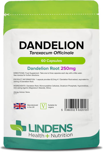 Lindens - Dandelion 250Mg - 60 Capsules - Uk Made - High Strength Powdered Dandelion Root, Taraxacum Officinale - Traditional Herbal Supplement - Gmp - Letterbox Friendly, Vegan