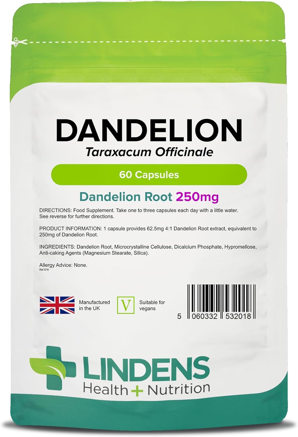 Lindens Dandelion 250mg - 60 Capsules - UK Made - Water Retention, Detox & Cleanse - Taraxacum Officinale - High Strength Root Extract - Traditional Herbal Supplement - GMP & Letterbox Friendly