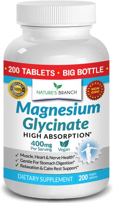 Magnesium Glycinate 400 mg - 200 Tablets - High Absorption, Non Buffered Bisglycinate Mag Supplement for Sleep, Leg Cramps, Heart, Ease Muscles, Calm Headaches for Women and Men, Non Powder Capsules