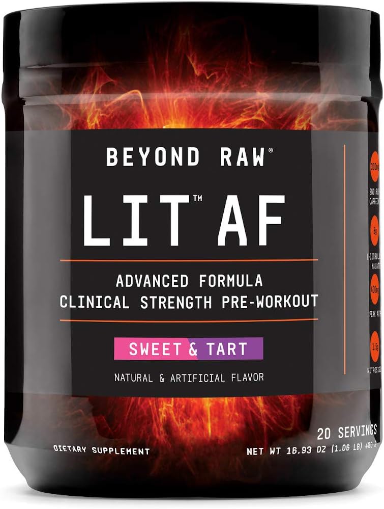 Beyond Raw Lit Af | Advanced Formula Clinical Strength Pre-Workout Powder | Contains Caffeine, L-Citruline, And Nitrosigine | Sweet & Tart | 20 Servings