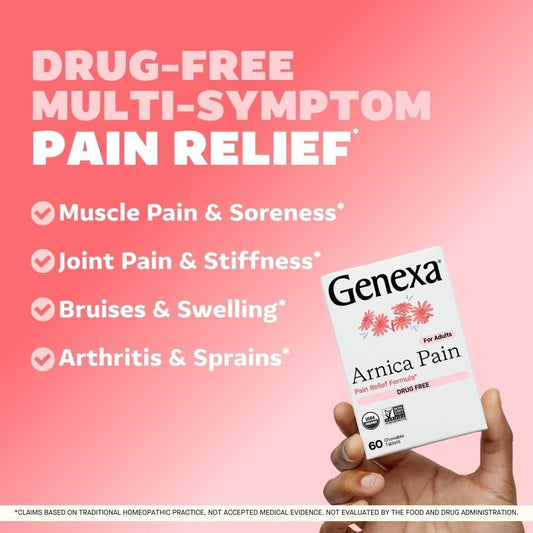 Genexa Arnica For Pain Relief | Alleviate Muscle & Joint Pain, Soreness & Stiffness | Reduces Bruises & Swelling | Organic Grape Flavor | Homeopathic Remedy Made Clean | 100 Chewable Tablets?