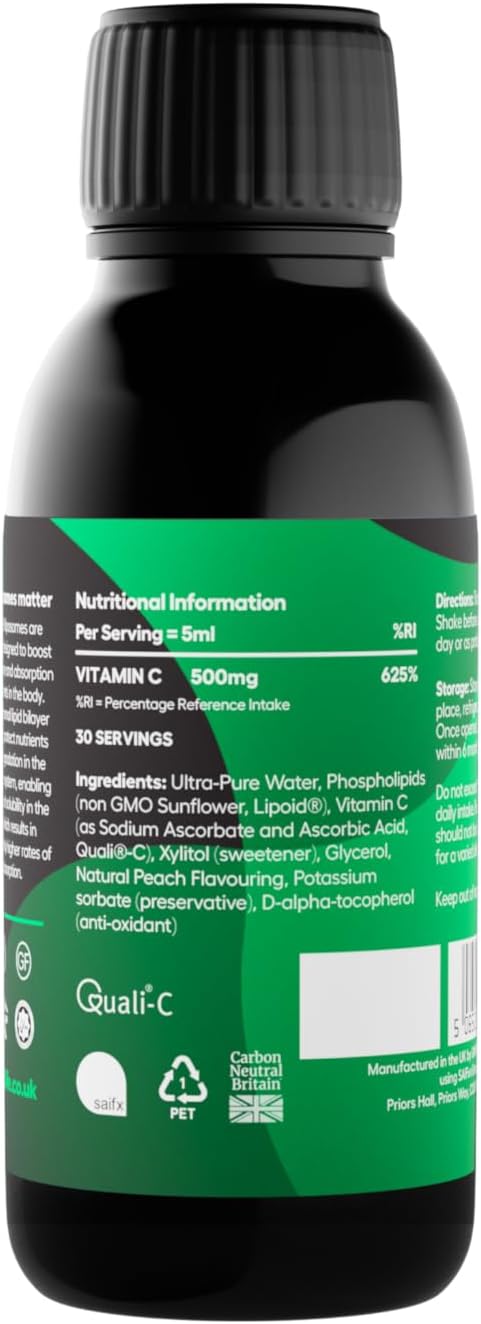 Liposomal High Strength Vitamin C 1000Mg (Peach Flavour) - Lipolife Lvc9. 30 Day Supply. Formulated With Quali-C And Sunflower Phospholipids. Superior Nutrient Delivery