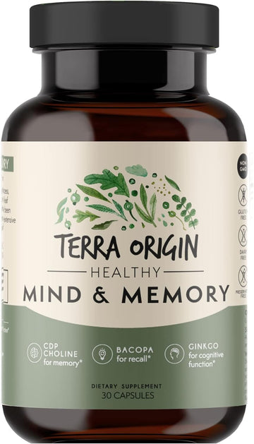 Healthy Mind & Memory | Cognitive Support | Nootropic Formula: CDP Choline, Bacopa, L-Tyrosine, Huperzine A, Ginko, B12 | 30 Veggie Capsules |