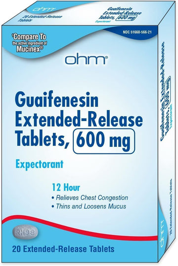 Ohm Guaifenesin Chest Congestion And Mucus Relief Extended-Release Tablets 600 Mg 12-Hour 20 Expectorant Caplet