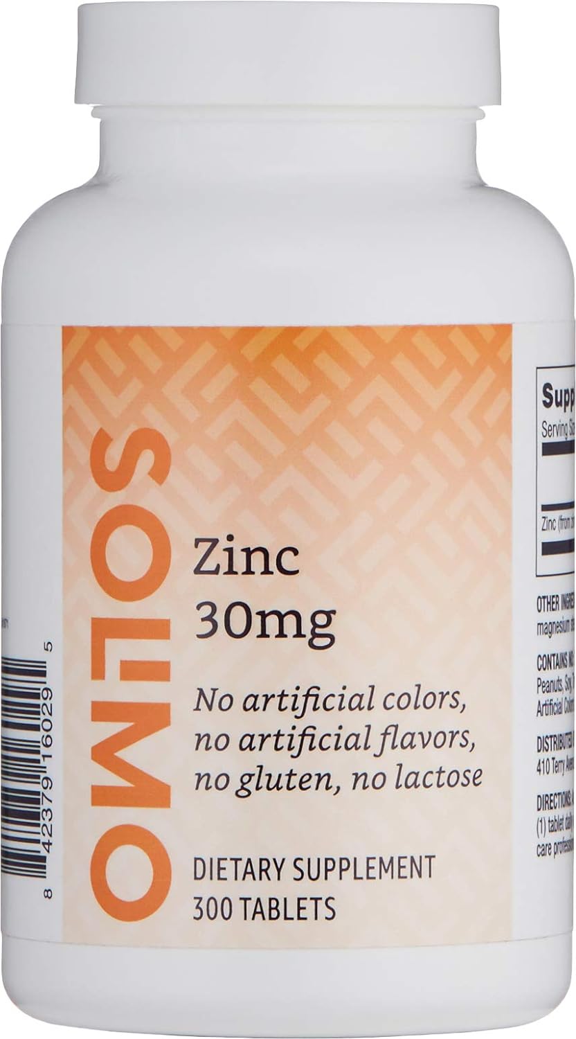 Amazon Brand - Solimo Zinc 30Mg, Unflavored, 300 Tablets, Ten Month Supply