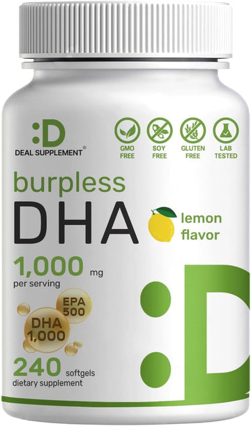 Dha Supplements | 240 Softgels, Burpless, Lemon Flavor, Dha 1000Mg + Epa 500Mg, Wild Caught Fish