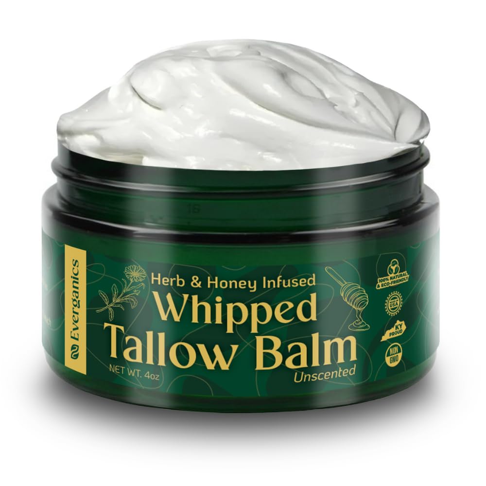 Organic Whipped Beef Tallow Balm With Herbs & Honey | Grass-Fed Tallow For Face & Skin | Moisturizer For Dry Skin Relief | Unscented, 4Oz