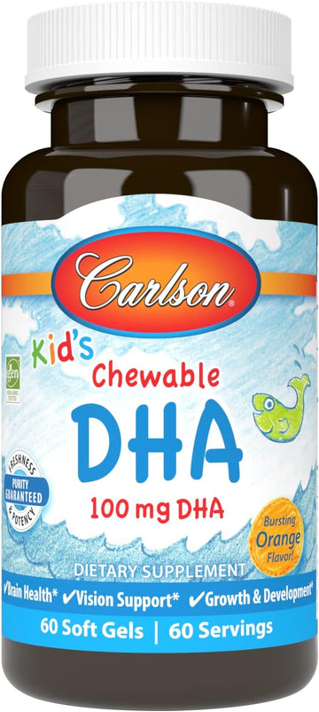 Carlson - Kid's Chewable DHA, 100 mg DHA, Brain & Vision Function, Growth & Development, Orange, 60 Chewable Softgels