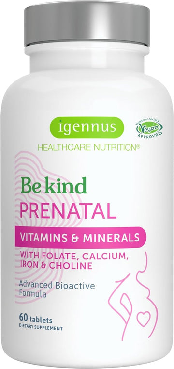 Methylated Prenatal Multivitamin, Folate For Mthfr, High Absorption, Clean Label, Gentle Iron, Choline, Natural Calcium & Magnesium, Vegan Vitamins For Pregnancy, 60 Tablets, By Igennus