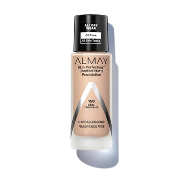 Almay Skin Perfecting Comfort Matte Foundation, Hypoallergenic, Cruelty Free, -Fragrance Free, Dermatologist Tested Liquid Makeup, Cool True Beige, 1 Fluid Ounce