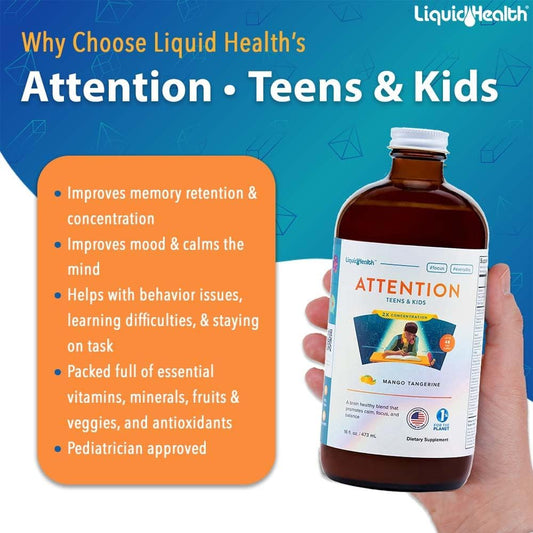 LIQUIDHEALTH Children Focus & Energy Liquid Vitamin Bundle with Attention Teens & Kids, Mega Energy B-Complex Supplement - Liquid Vitamins for Kids, Improve Child's Concentration, Mood & Boosts Energy