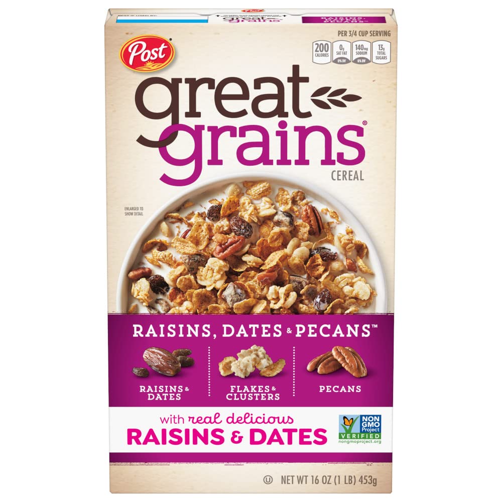 Great Grains Raisins Dates and Pecans Breakfast Cereal, Raisin Cereal with Sweet Dates and Granola Clusters, Non-GMO Project Verified, 16 OZ Box