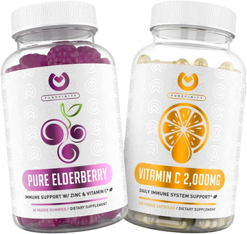 Elderberry Gummies + Vitamin C Capsules Bundle with High Absorption Ascorbic Acid for Added Immune Support, Collagen Boosting & Powerful Antioxidants