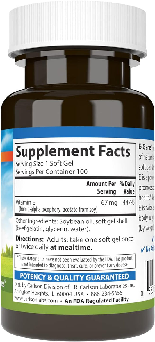 Carlson - E-Gems, 100 IU (67 mg), Natural-Source Vitamin E, Heart Health & Optimal Wellness, Antioxidant, 100 Soft Gels