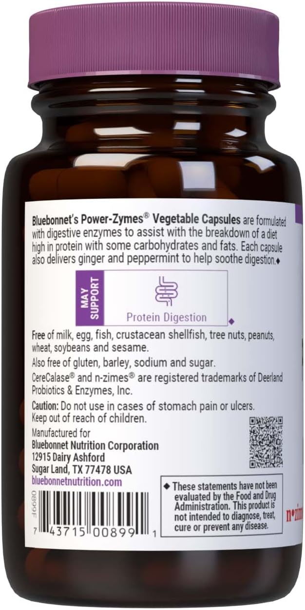 Bluebonnet Nutrition Power-Zymes, Protein Digestive Support*, Soy-Free, Gluten-Free, Dairy-Free, 60 Vegetable Capsules, 60 Servings : Health & Household