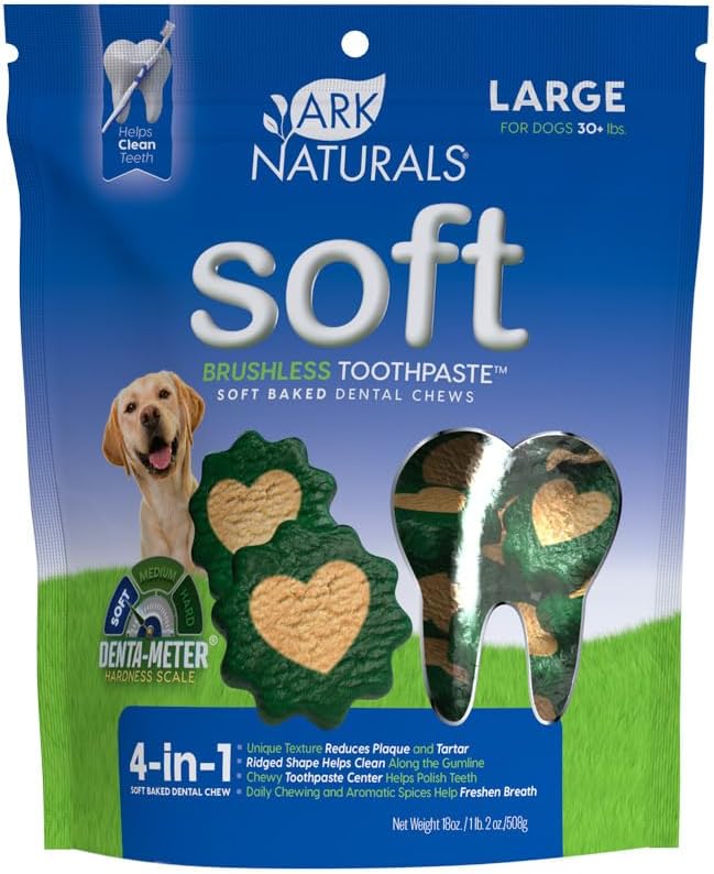 Ark Naturals Soft Brushless Toothpaste – Large Breeds, 18Oz Bag – Soft-Baked Dog Dental Chew With Toothpaste Center – Freshen Breath, Reduce Plaque & Tartar With Dental Chews For Dogs