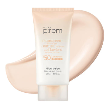 Make P:Rem Glow Beige Tone Up Sunscreen, Foundation-Free Mineral Sunscreen, Skin Tone Correction, Lightweight, Korean Skin Care, Spf 50, 1.69 Fl. Oz. 50Ml