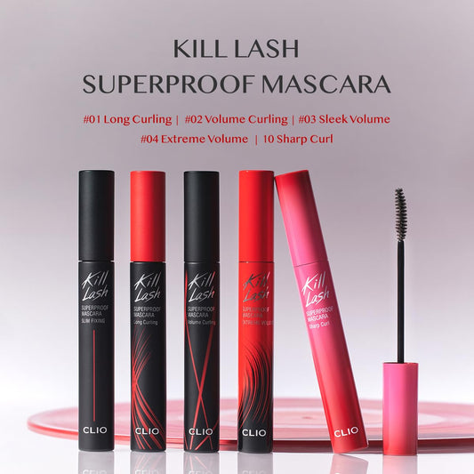 Clio Kill Lash Superproof Mascara, Washable, Vegan Formula, Ultra-Volumizing, Smudge-Proof, Clump-Free, Curl-Holding, Long-Lasting, 0.24 Fl Oz (004 Extreme Volume Black)