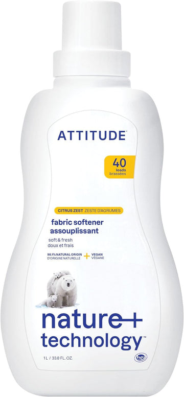 Attitude Laundry Fabric Softener Liquid, Vegan And Naturally Derived Detergent, Plant Based, He Washing Machine Compatible, Citrus Zest, 40 Loads, 33.8 Fl Oz