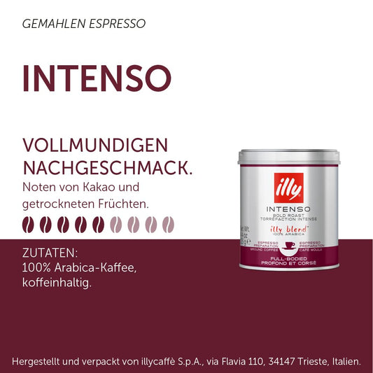 Illy Ground Coffee Espresso - 100% Arabica Coffee Ground – Intenso Dark Roast – Warm Notes Of Cocoa & Dried Fruit - Rich Aromatic Profile - Precise Roast - No Preservatives – 4.4 Ounce